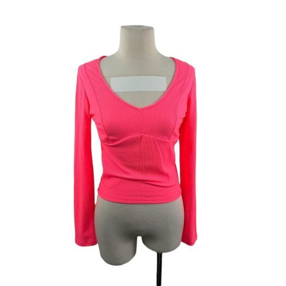 NWT KNOW ONE CARES Neon Pink‎ Ribbed Crew Neck Long Sleeve Shirt (L)